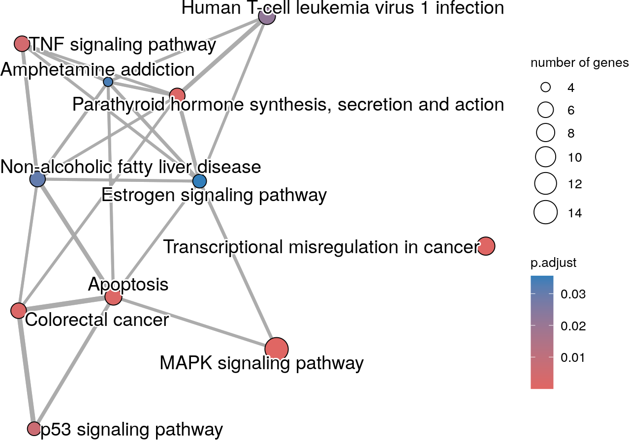 A Kegg enrichment map where terms with overlapping significant genes cluster together.